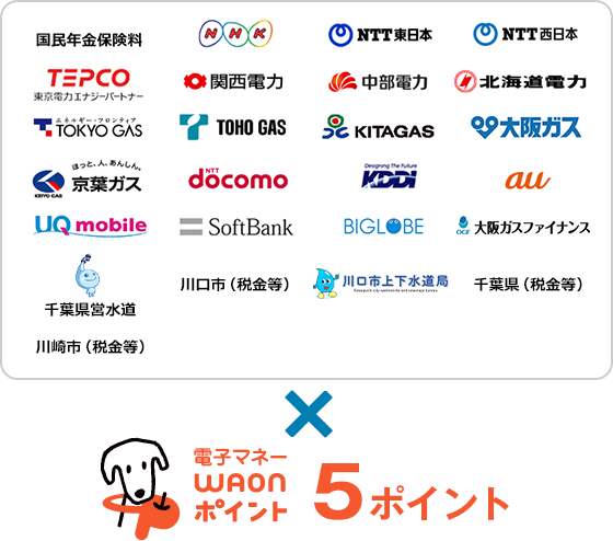 対象のお支払い先（収納機関）国民年金保険料、NHK、NTT東日本、NTT西日本、TEPCO、関西電力、中部電力、北海道電力、TOKYO GAS、TOHO GAS、KITAGAS、大阪ガス、京葉ガス、NTT docomo、KDDI、au、UQ mobile、SoftBank、BIGLOBE