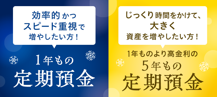 効率的かつスピード重視で増やしたい方！1年もの定期預金/じっくり時間をかけて、大きく資産を増やしたい方！1年ものより高金利の5年もの定期預金