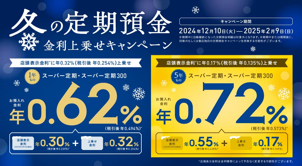 冬の定期預金 金利上乗せキャンペーン キャンペーン期間2024年12月10日（火）-2025年2月9日（日）※期間中に自動継続となった定期預金明細は対象外となります。※期間中または期間後に、同様のもしくは個店独自の定期預金キャンペーンを実施する可能性がございます。