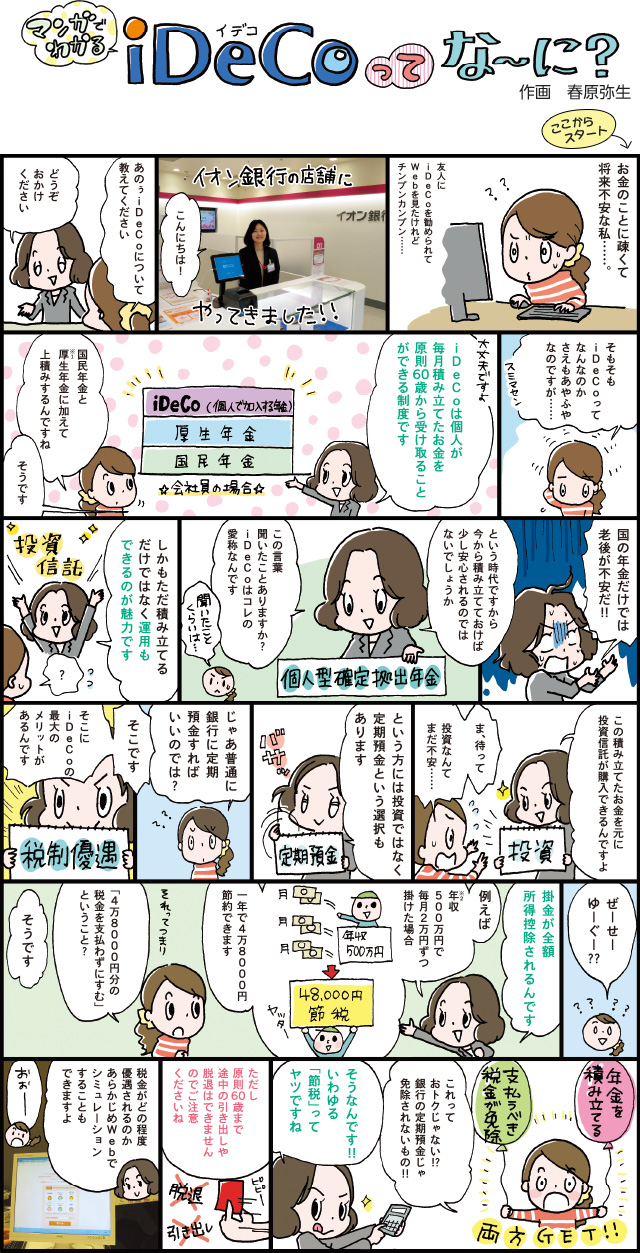 マンガでわかる iDeCoってな～に？ 作画　春原弥生 イオン銀行店舗で体験レポート Let's go! お金のことに疎くて将来不安な私……。友人にiDeCoを勧められてWebを見たけれどチンプンカンプン……イオン銀行の店舗にやってきました!!「こんにちは!」「あのぅiDeCoについて教えてください」「どうぞおかけください」「そもそもiDeCoってなんなのかさえもあやふやなのですが……スミマセン」「大丈夫ですよ iDeCoは個人が毎月積み立てたお金を原則60歳から受け取ることができる制度です」「国民年金と厚生年金※1に加えて上積みするんですね」「そうです」「国の年金だけでは老後が不安だ!!という時代ですから今から積み立てておけば少し安心されるのではないでしょうか 個人型確定拠出年金 この言葉聞いたことありますか？iDeCoはコレの愛称なんです」「聞いたことくらいは…」「しかもただ積み立てるだけではなく運用もできるのが魅力です この積み立てたお金を元に投資信託が購入できるんですよ」「ま、待って 投資なんてまだ不安……」「という方には投資ではなく定期預金という選択もあります」「じゃあ普通に銀行に定期預金すればいいのでは？」「そこです そこにiDeCoの最大のメリットがあるんです」「ぜーせーゆーぐー？？」「掛金が全額所得控除されるんです 例えば年収500万円※2で毎月2万円ずつ掛けた場合一年で4万8000円節約できます」「それってつまり「4万8000円分の税金を支払わずにすむ」ということ？」「そうです」年金を積み立てる 支払うべき税金が免除 両方GET!!「これっておトクじゃない!？銀行の定期預金じゃ免除されないもの!!」「そうなんです!!いわゆる「節税」ってヤツですね ただし原則60歳まで途中の引き出しや脱退はできませんのでご注意くださいね 税金がどの程度優遇されるのかあらかじめWebでシミュレーションすることもできますよ」「おおー」