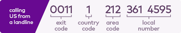 calling US from a mobile, exit code 0011, 1 country code, 212 area code, 361 4595 local number