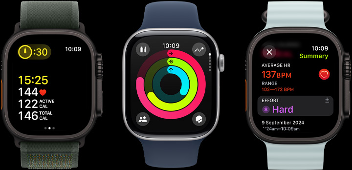 Three Apple Watches with workout metrics, Activity rings and post workout insights on screen