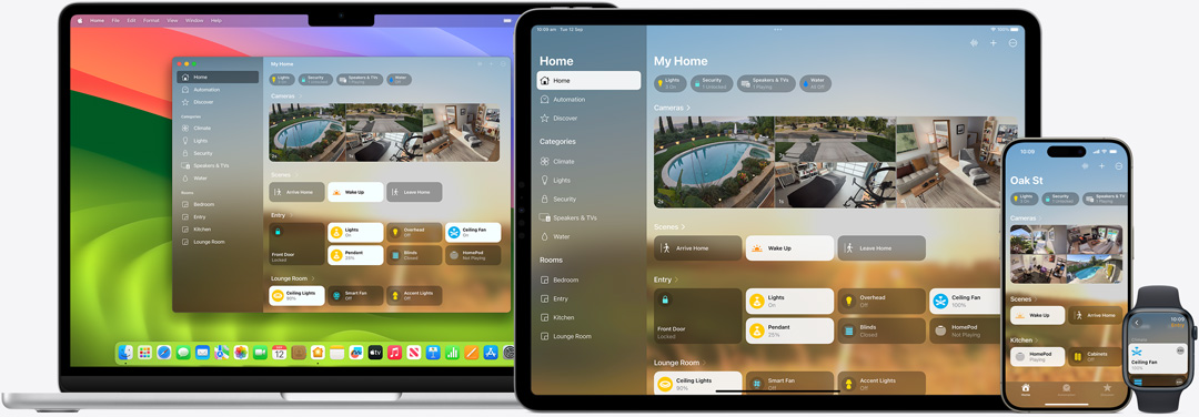 The Home app UI displayed on Mac, iPad, iPhone, and Apple Watch.