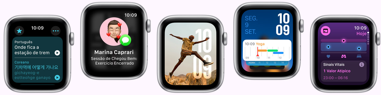 Cinco aparelhos Apple Watch mostram na tela o app Traduzir, o app Chegou Bem, o mostrador Fotos, o mostrador Modular e o app Sinais Vitais.