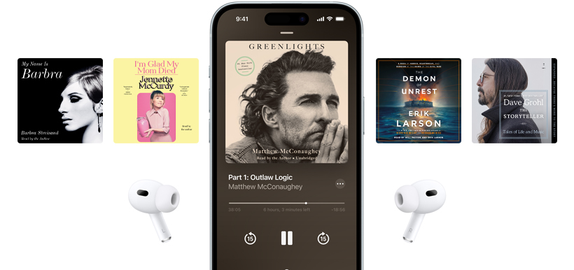 iPhone screen is centred, showing an audiobook in the Books app. Surrounding the phone are audiobook covers positioned in a horizontal layout.