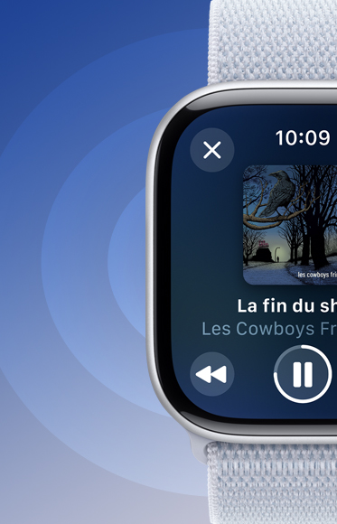 Apple Watch Series 10 affichant un morceau en cours de lecture dans l’app Musique, pour illustrer la possibilité de faire jouer des pistes audio sur le haut-parleur.