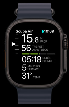 Apple Watch Ultra 2, affichant l’app Oceanic+.