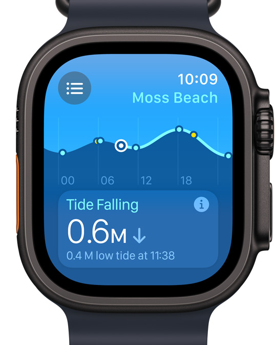 Apple Watch Ultra displaying the new Tides app onscreen.