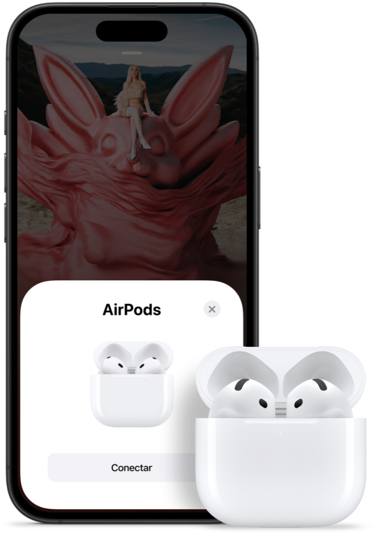 An open charging case with AirPods 4 inside, next to an iPhone showing that AirPods 4 have been connected.