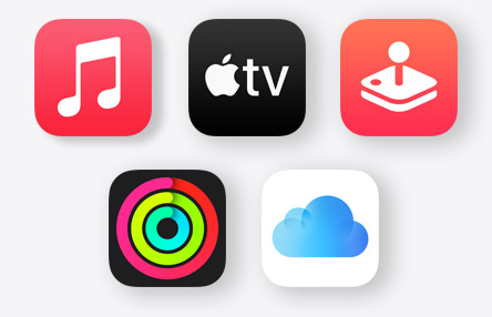 Íconos de las apps Apple Music, Apple TV, Apple Arcade, Apple Fitness+ y iCloud