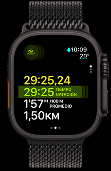 Un Apple Watch Ultra 2 muestra la duración, el ritmo y la distancia de un entrenamiento de natación como parte de la funcionalidad Multideporte.