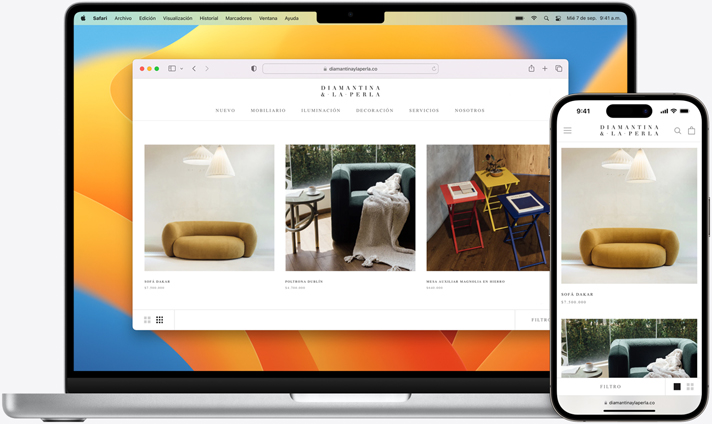 Imagen que muestra el mismo sitio de Safari abierto en un iPhone y en un Macbook