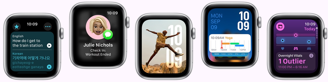 Patery Apple Watch s různými obrazovkami, včetně aplikace Přeložit, aplikace Doprovod, ciferníku Fotky, ciferníku Modulární a aplikace Životní funkce.