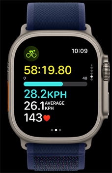 Apple Watch Ultra 2 s ukazatelem rychlosti jízdy na kole.