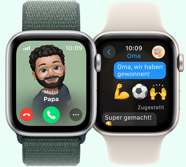 Zwei Apple Watches. Eine mit einem Bild von Papa, der anruft. Die andere mit einer Nachricht an Oma. Sie lautet: „Oma, wir haben das Spiel gewonnen.“