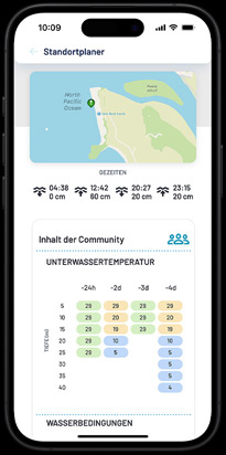 Local dive conditions with community feedback displayed as part of location planning.