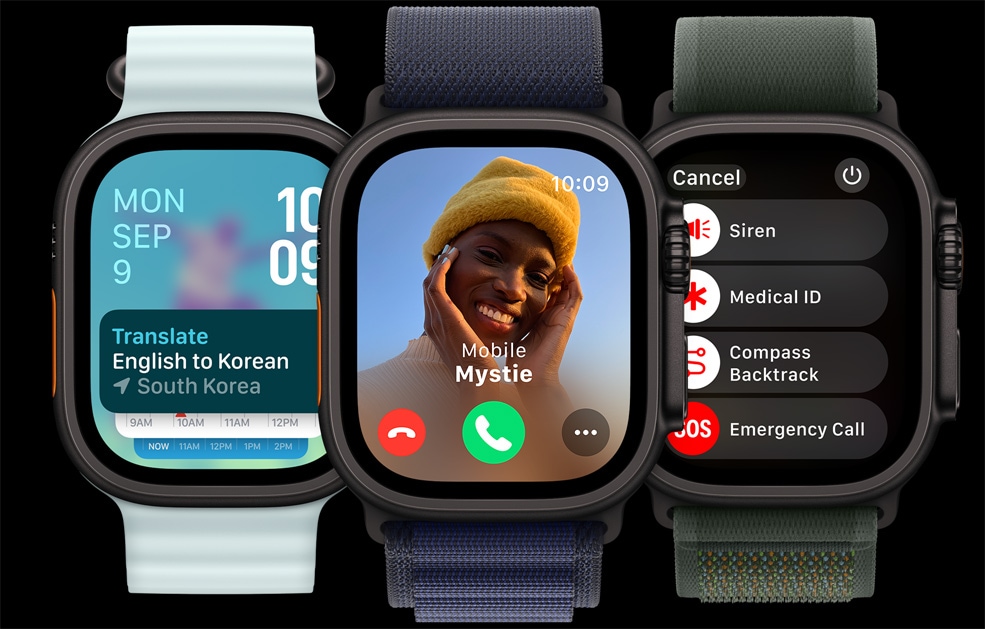 Three Apple Watch Ultra displays. One with the Translate app. Another with an incoming call. And the last with Siren, Medical ID, Backtrack, and Emergency call icons.