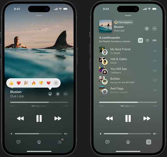 El iPhone de la izquierda muestra «Illusion» de Dua Lipa en la pantalla y el menú de selección de reacciones con varios emojis; el iPhone de la derecha muestra una lista de reproducción colaborativa llamada «Playlist Carretera y Manta» con varias canciones añadidas por otras personas