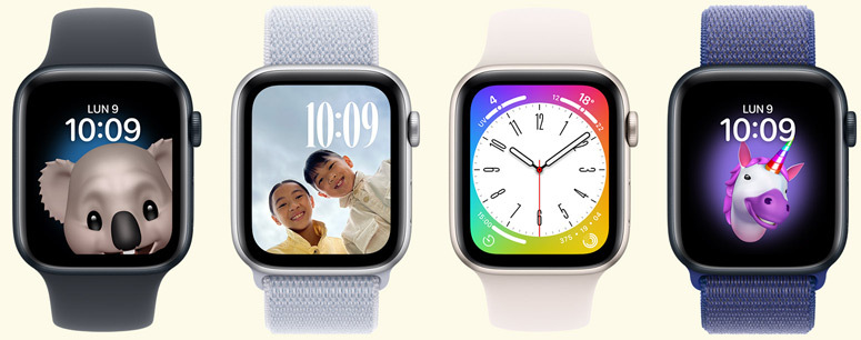 Plusieurs Apple Watch affichant des cadrans ludiques et drôles.