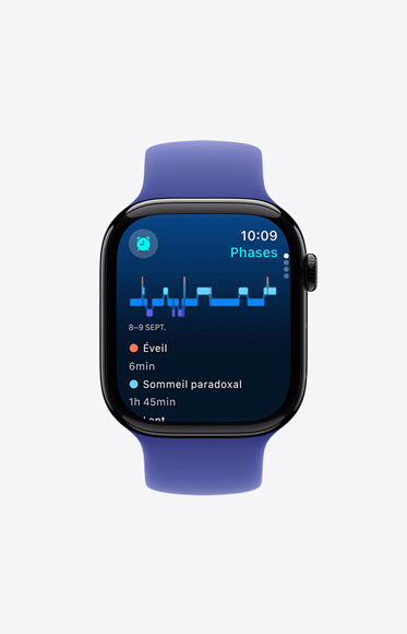 L’app Sommeil affiche les phases du sommeil indiquant la durée des moments d’éveil et les phases de sommeil paradoxal, lent et profond.