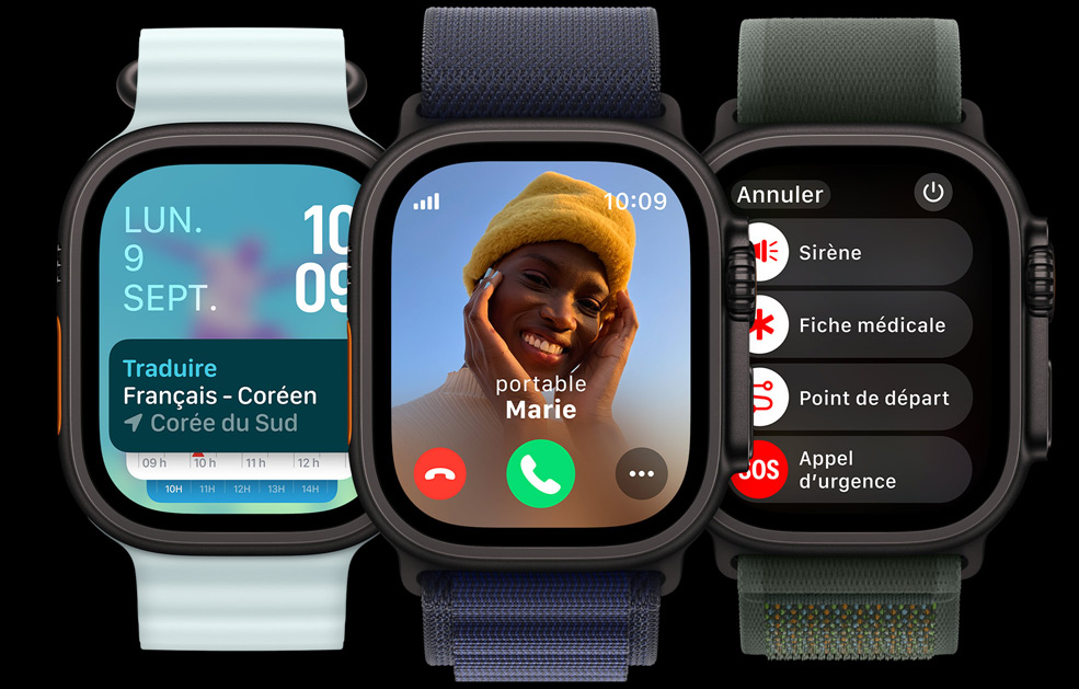 Trois écrans d’Apple Watch Ultra. Un avec l’app Traduire. Un autre avec un appel entrant. Et le dernier avec les icônes Sirène, Fiche médicale, Point de départ et Appel d’urgence.