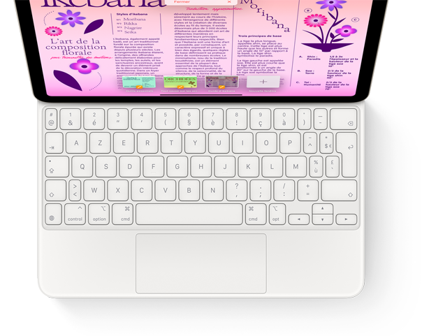 Vue de haut d’un Magic Keyboard fixé à un iPad Pro.