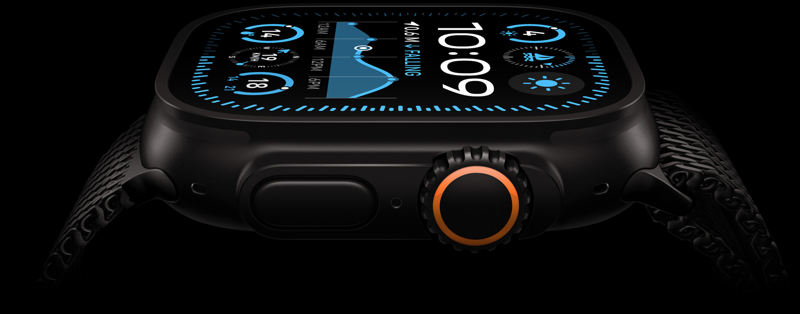 Apple Watch Ultra 2 screen, with a Black Titanium case, displaying time, temperature, and live activities.