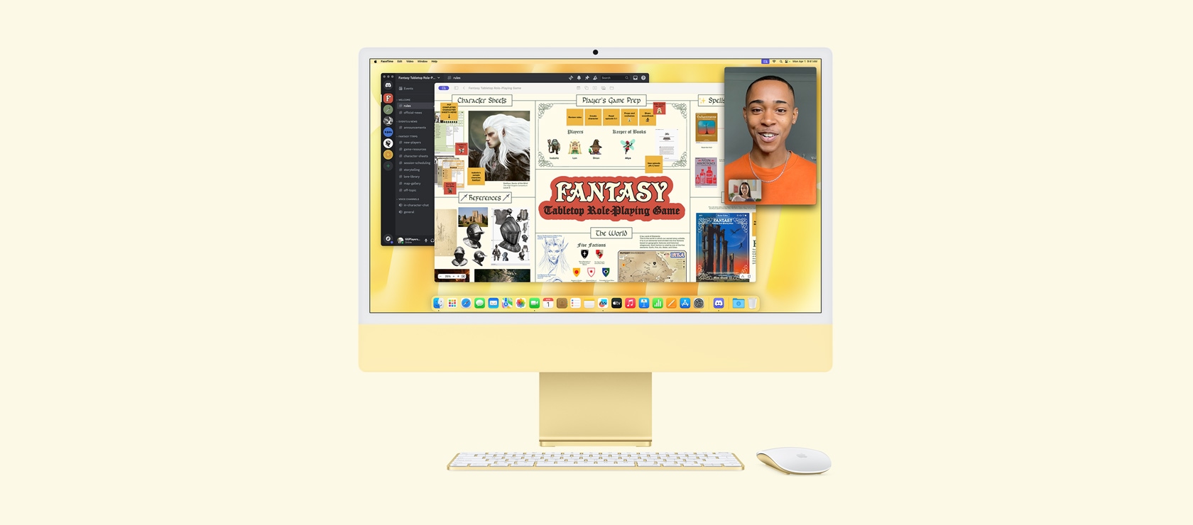 Žuti iMac. Na zaslonu se prikazuje istovremena upotreba aplikacija Freeform, Discord i FaceTime za vrijeme igranja fantasy TTRPG igre