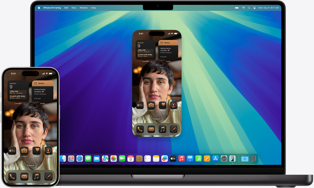 Pesan yang sama terbuka di MacBook Pro dan iPhone 16.