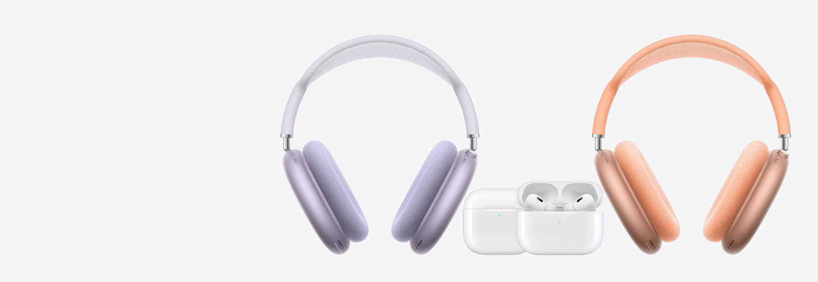 Dua AirPods Max di dekat AirPods Generasi ke-2, AirPods Generasi ke-3, dan AirPods 4 Generasi ke-2.