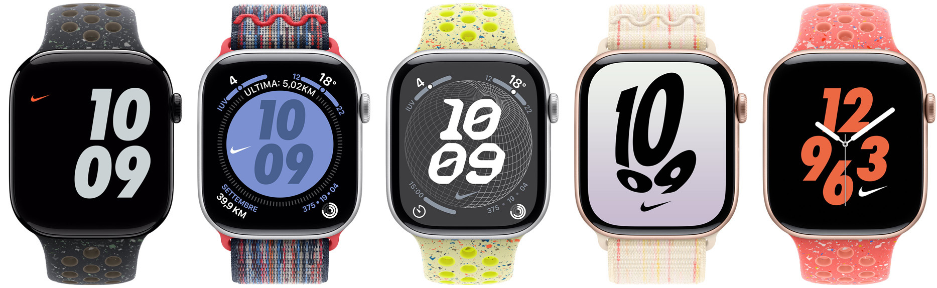 Five Apple Watch devices attached to Nike Sport Bands and Nike Sport Loops, showing Nike watch faces configured in various colors