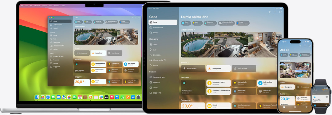 L’interfaccia dell’app Casa visualizzata su Mac, iPad, iPhone e Apple Watch.