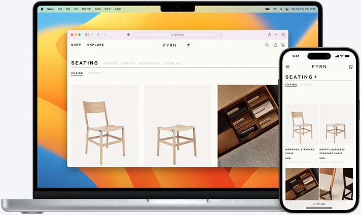 Macbook과 iPhone 두 기기에서 같은 Safari 페이지를 열어둔 화면