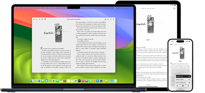 La MacBook Pro y el iPad Air muestran una página del mismo ebook en la app Libros.