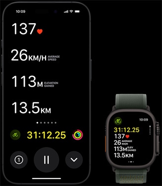 „Live Activity“ rodo važinėjimo dviračiu duomenis „Apple Watch Ultra 2“ ir „iPhone“.