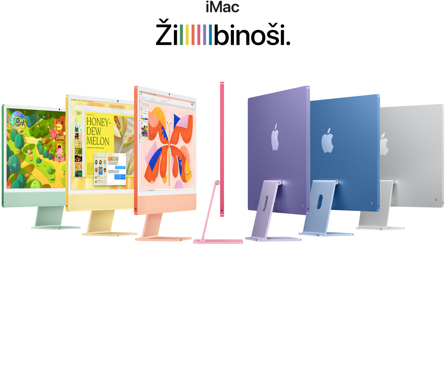  iMac dažādās krāsās (zaļā, dzeltenā, oranžā, rozā, violetā, zilā, sudraba) akordeona izkārtojumā.