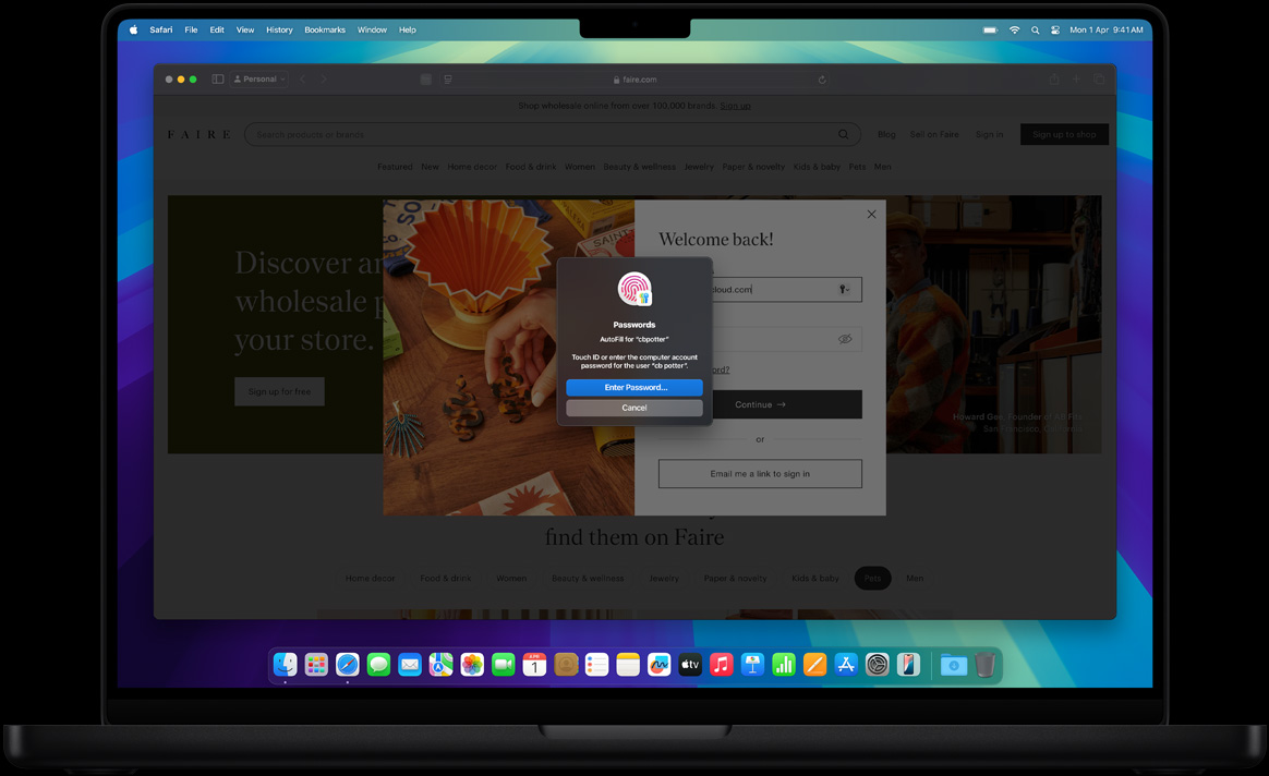 While browsing in Safari, a user is prompted to use Touch ID to sign into a website