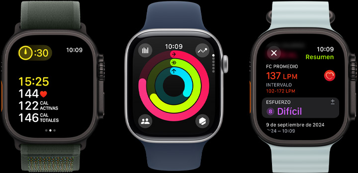 Tres dispositivos Apple Watch con datos de entrenamiento, círculos de Actividad e información posterior al entrenamiento en pantalla