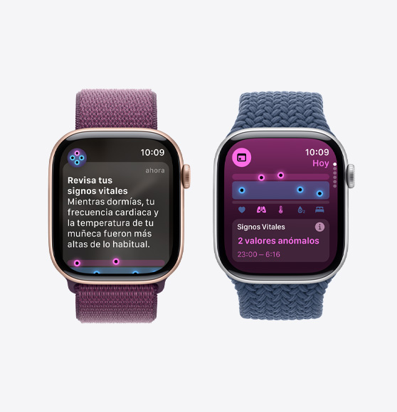 Una notificación que pide revisar los signos vitales aparece en un Apple Watch Series 10. La app Signos Vitales muestra los signos vitales nocturnos con dos valores atípicos en un Apple Watch Series 10.