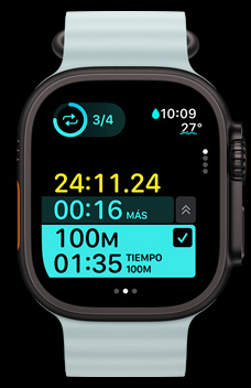 Un Apple Watch Ultra 2 muestra un intervalo cronometrado de entrenamiento como parte de los Entrenamientos Personalizados.