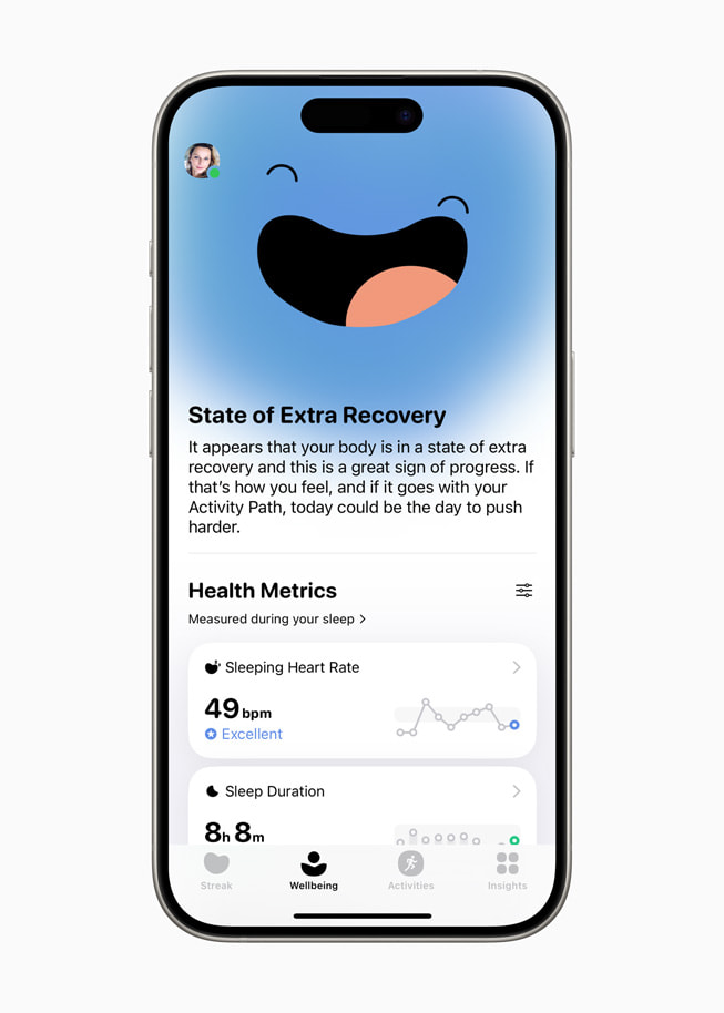 Helsedata i Wellbeing-siden i Gentler Streak-appen, vist på en iPhone 15 Pro. 