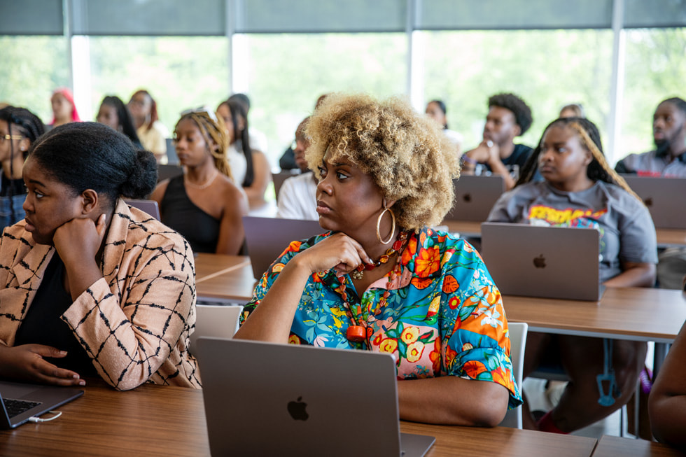 PROPEL Center Arts & Entertainment Industry Accelerator participant Autumn McDougle sits in a classroom.