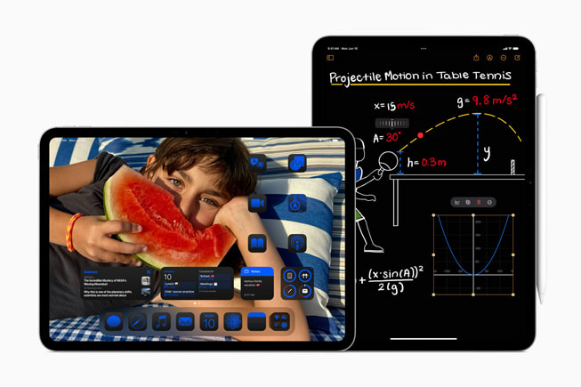 2台のiPad Proデバイスが並べて表示されており、1台にはカスタマイズされたホーム画面、もう1台には計算メモが表示されている様子。