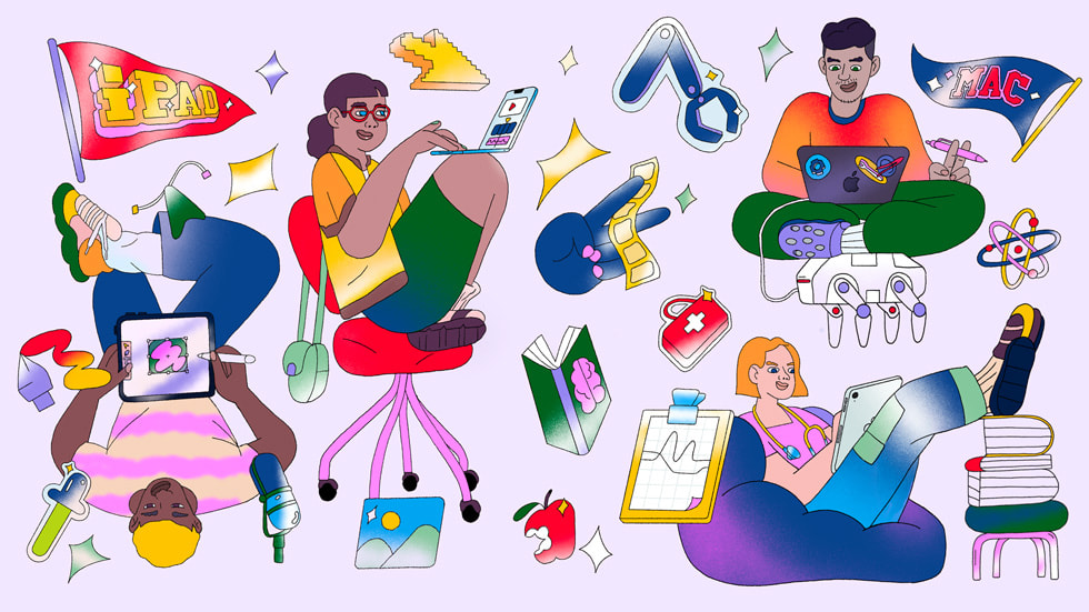 An illustration showing students using Apple products in various academic scenarios.