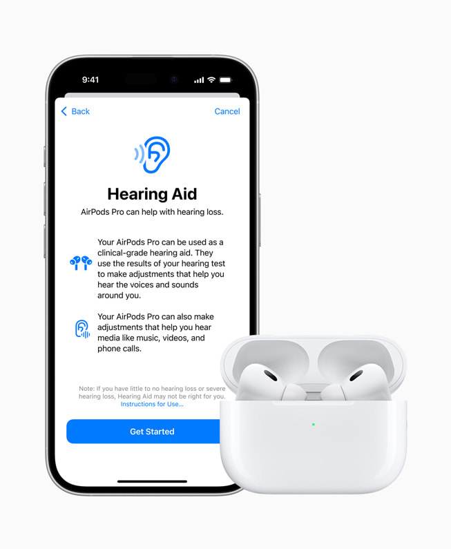 iPhone 16 Pro, which shows a Hearing Aid screen, is next to AirPods Pro 2.