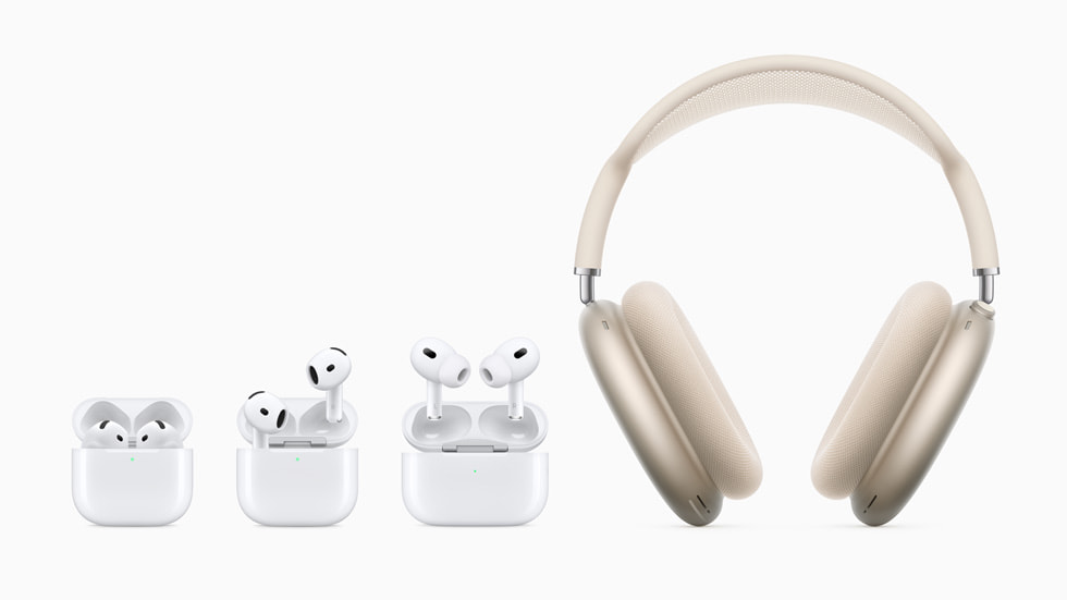 AirPods 4, AirPods 4 with Active Noise Cancellation, AirPods Pro 2, and AirPods Max in starlight are shown.