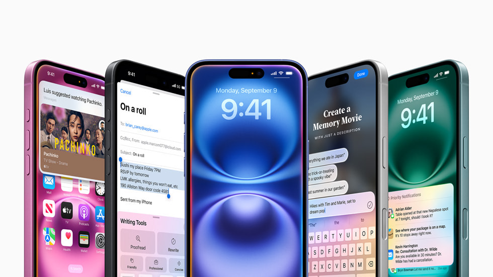 Se muestran cinco dispositivos iPhone 16 con funcionalidades de Apple Intelligence, como Herramientas de Escritura, Siri y Notificaciones Prioritarias.