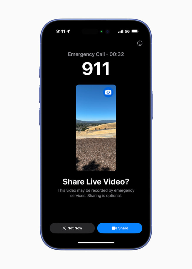 Se muestra una llamada de emergencia con una solicitud de compartir video en vivo en un iPhone 16.