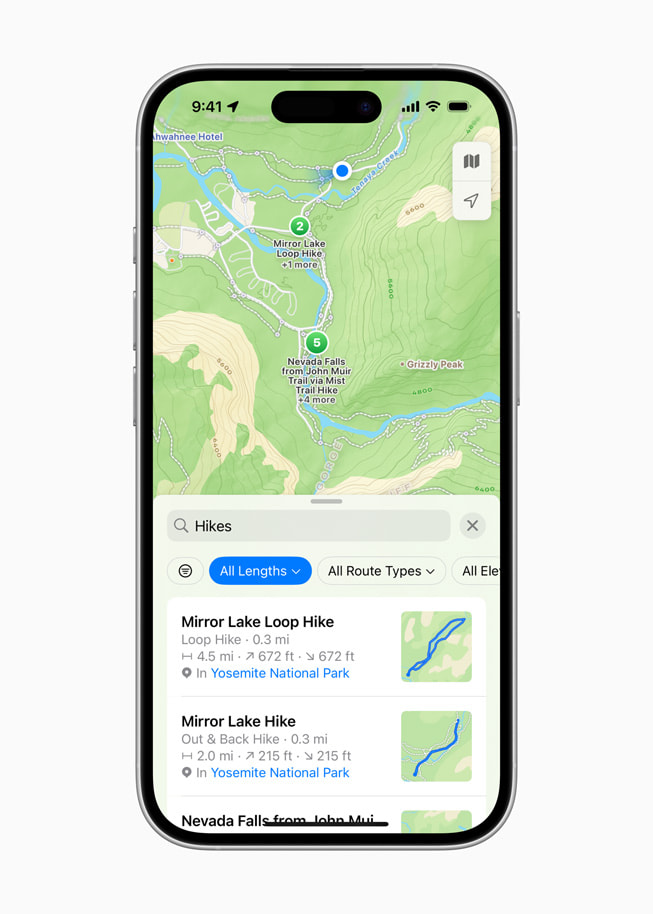 iPhone 16 shows a search for hikes in Apple Maps.