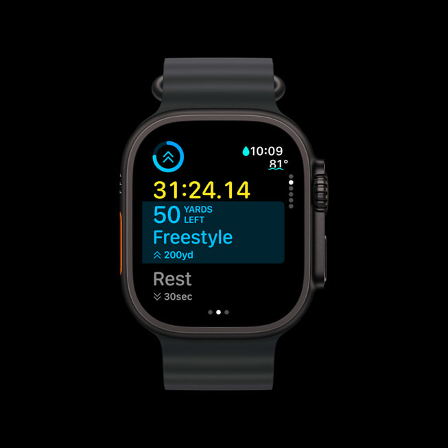 A Custom Workout with Up Next view during a swim displayed on Apple Watch Ultra 2. 